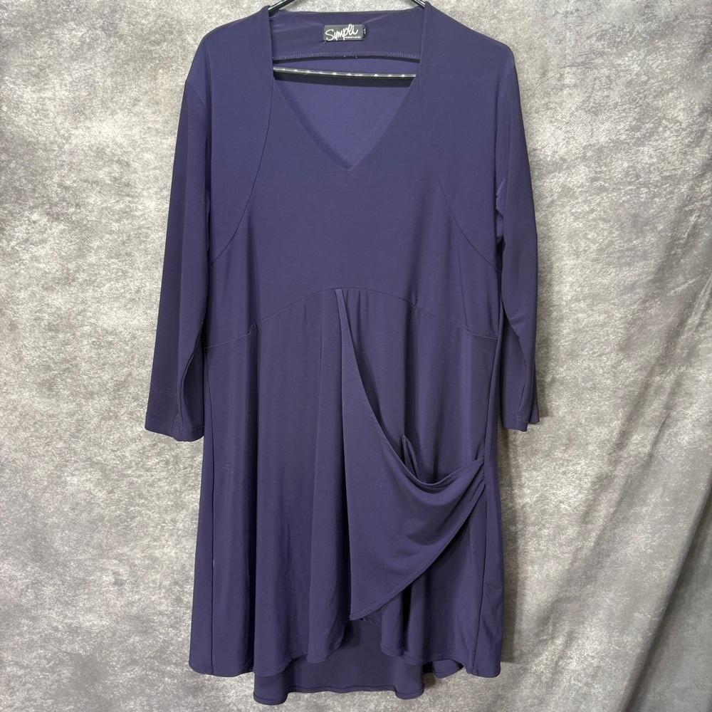 Sympli Draped Front Shift Dress Size 16 Eggplant Purple Lagenlook 3/4 Sleeve